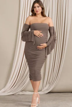 Aroma | Brown Ruched Mesh Maternity Midi Dress With Ruffled Sleeves