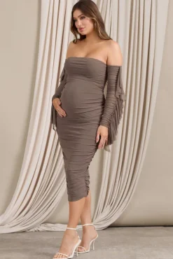 Aroma | Brown Ruched Mesh Maternity Midi Dress With Ruffled Sleeves