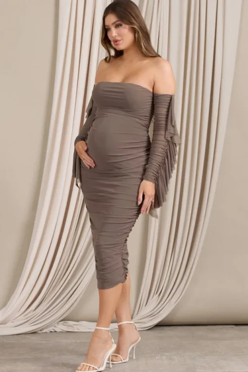 Aroma | Brown Ruched Mesh Maternity Midi Dress With Ruffled Sleeves