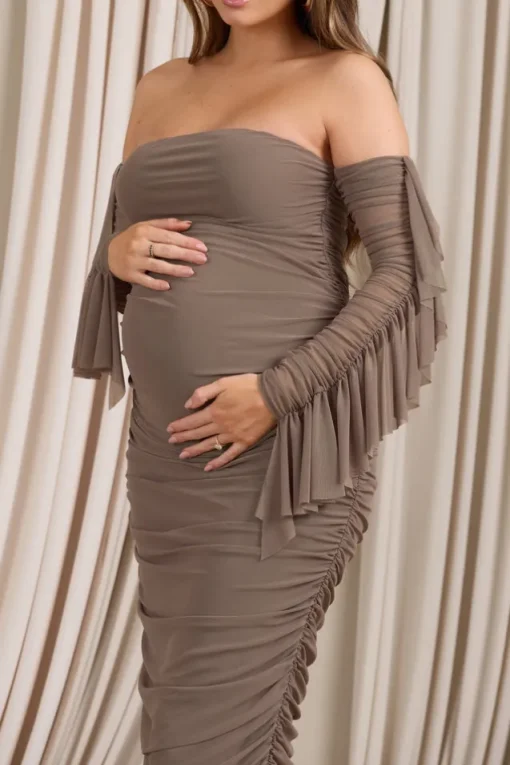Aroma | Brown Ruched Mesh Maternity Midi Dress With Ruffled Sleeves