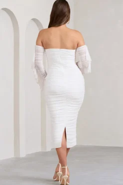 Aroma | White Ruched Mesh Maternity Midi Dress With Ruffled Sleeves