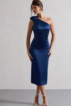 Ascot | Navy Satin One Shoulder Midi Dress With Corsage