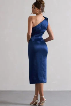 Ascot | Navy Satin One Shoulder Midi Dress With Corsage