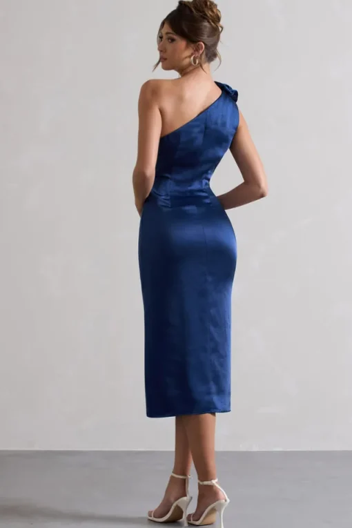 Ascot | Navy Satin One Shoulder Midi Dress With Corsage