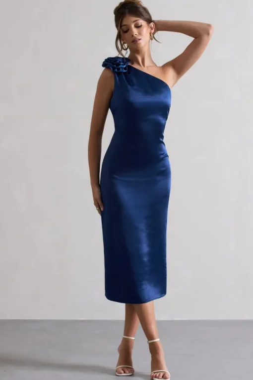 Ascot | Navy Satin One Shoulder Midi Dress With Corsage