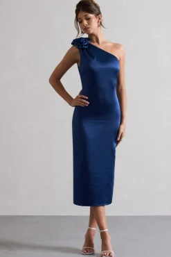 Ascot | Navy Satin One Shoulder Midi Dress With Corsage
