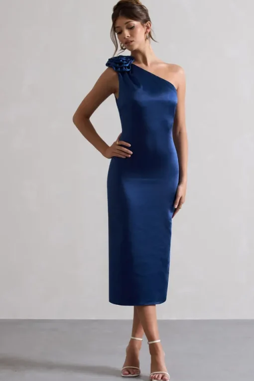 Ascot | Navy Satin One Shoulder Midi Dress With Corsage