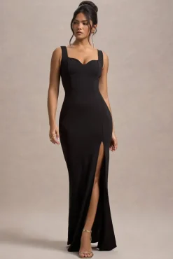 Ashburn | Black Strappy Sweetheart Split Maxi Dress
