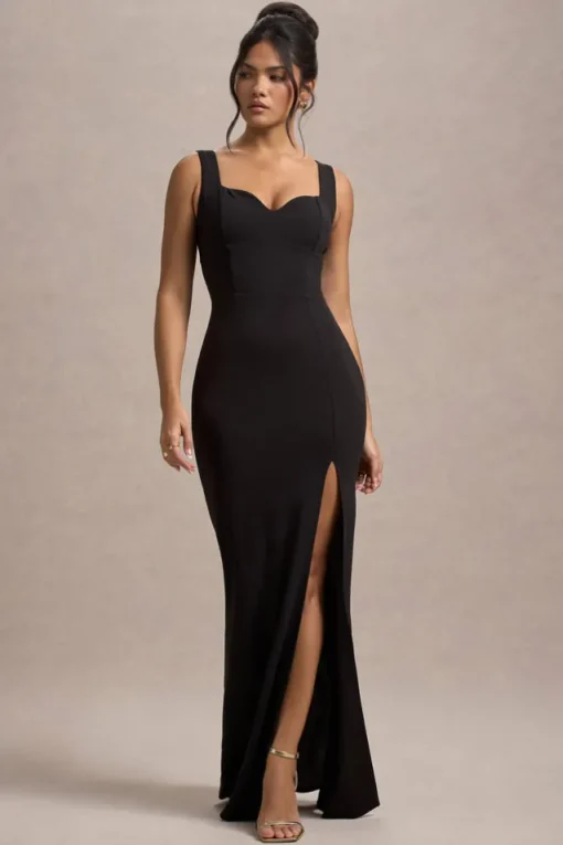 Ashburn | Black Strappy Sweetheart Split Maxi Dress