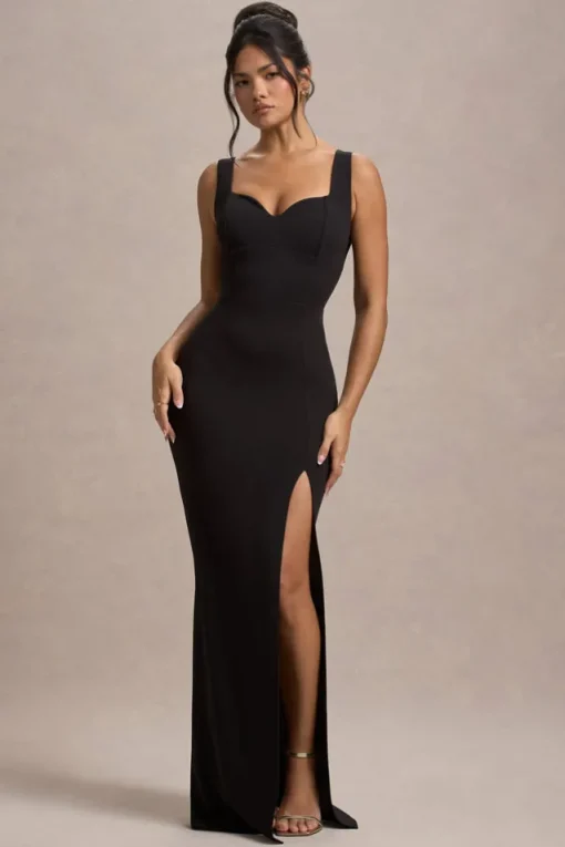Ashburn | Black Strappy Sweetheart Split Maxi Dress