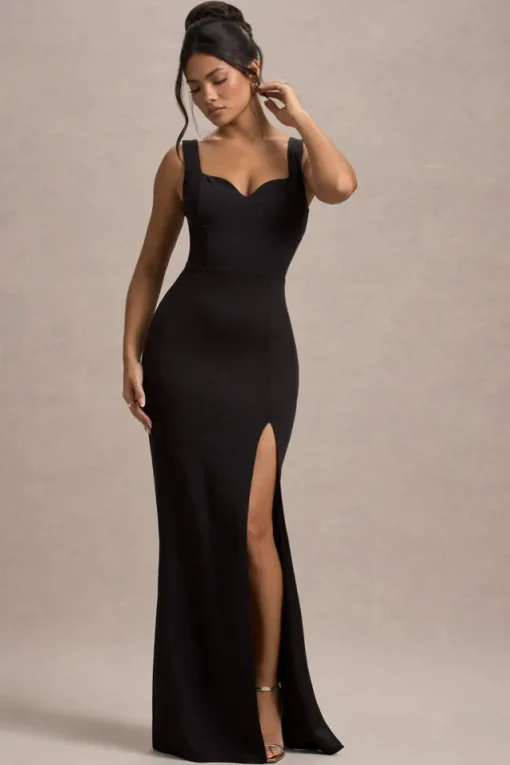 Ashburn | Black Strappy Sweetheart Split Maxi Dress