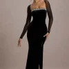 Ashby | Black Velvet Embellished Square-Neck Split Maxi Dress