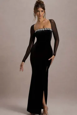 Ashby | Black Velvet Embellished Square-Neck Split Maxi Dress