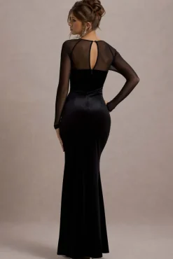 Ashby | Black Velvet Embellished Square-Neck Split Maxi Dress