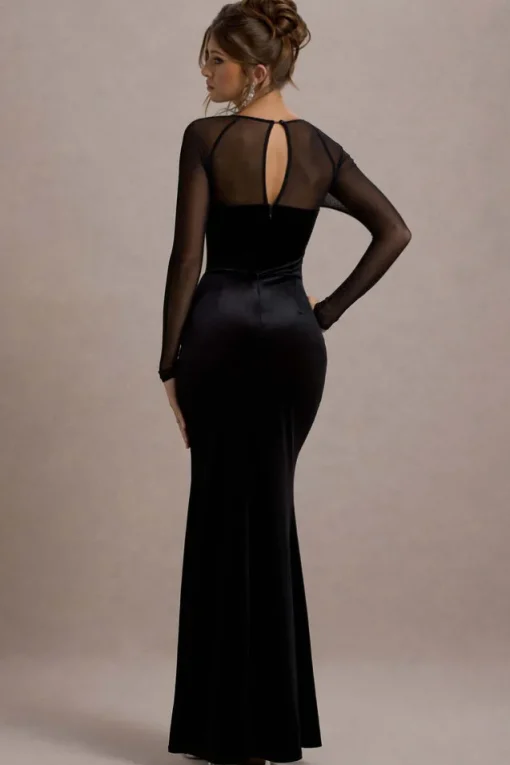 Ashby | Black Velvet Embellished Square-Neck Split Maxi Dress