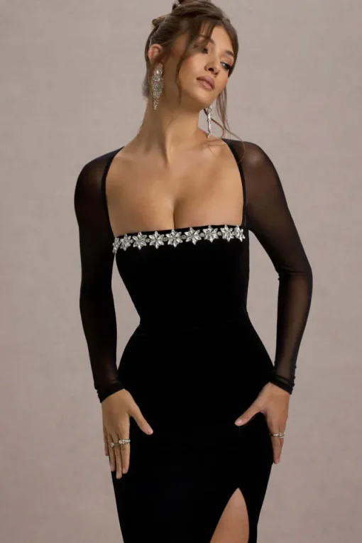 Ashby | Black Velvet Embellished Square-Neck Split Maxi Dress