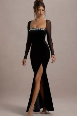 Ashby | Black Velvet Embellished Square-Neck Split Maxi Dress