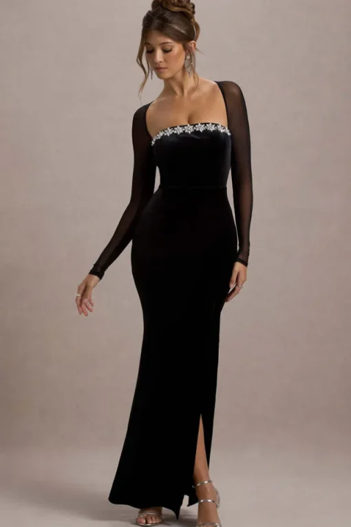 Ashby | Black Velvet Embellished Square-Neck Split Maxi Dress