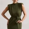 Asher | Olive High-Neck Mini Dress With Tie Waist