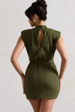 Asher | Olive High-Neck Mini Dress With Tie Waist