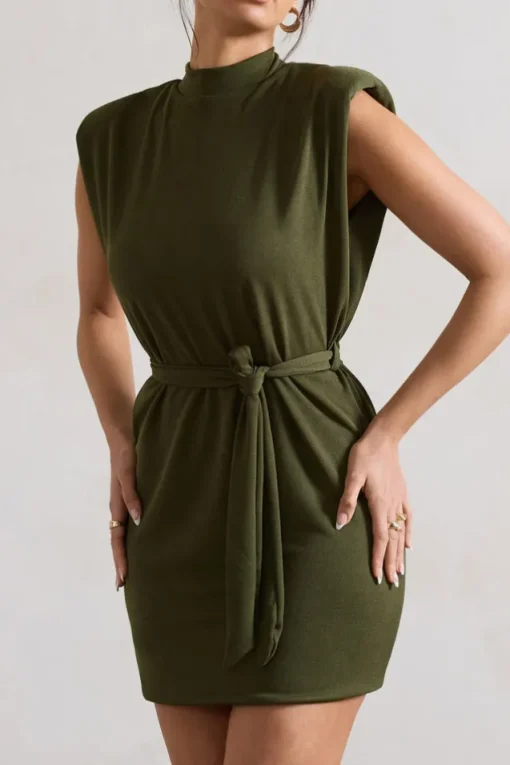 Asher | Olive High-Neck Mini Dress With Tie Waist