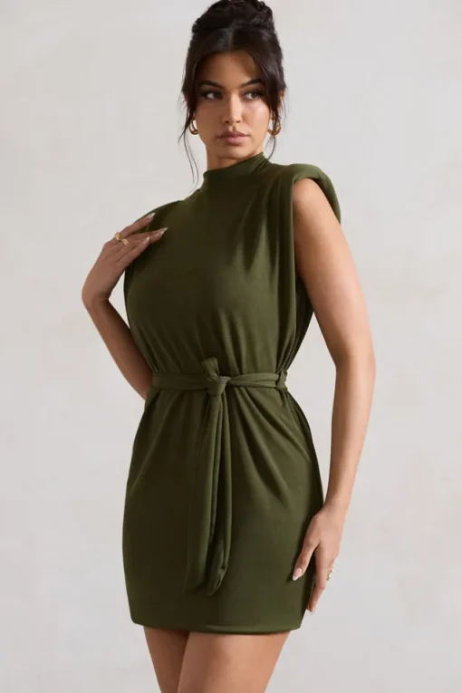 Asher | Olive High-Neck Mini Dress With Tie Waist