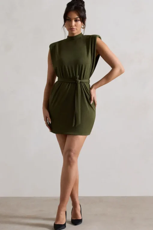 Asher | Olive High-Neck Mini Dress With Tie Waist