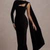 Ashini | Black One-Sleeve Maxi Dress With Cape