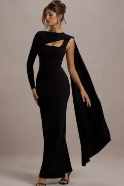Ashini | Black One-Sleeve Maxi Dress With Cape