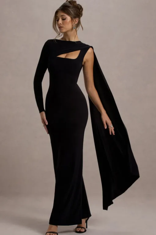 Ashini | Black One-Sleeve Maxi Dress With Cape