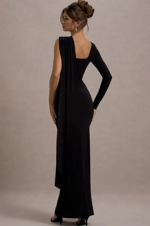 Ashini | Black One-Sleeve Maxi Dress With Cape