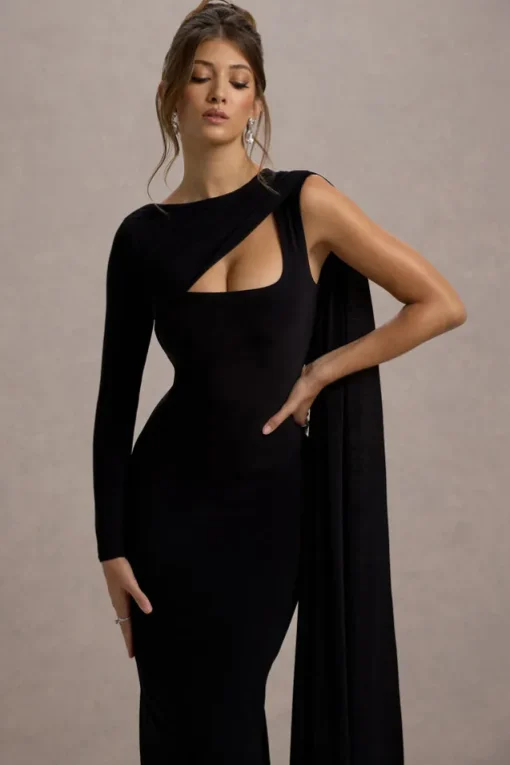 Ashini | Black One-Sleeve Maxi Dress With Cape