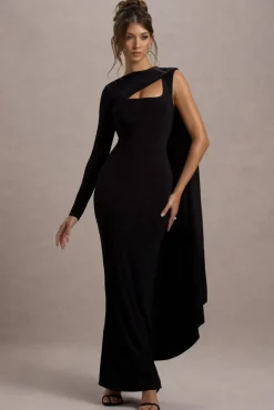 Ashini | Black One-Sleeve Maxi Dress With Cape