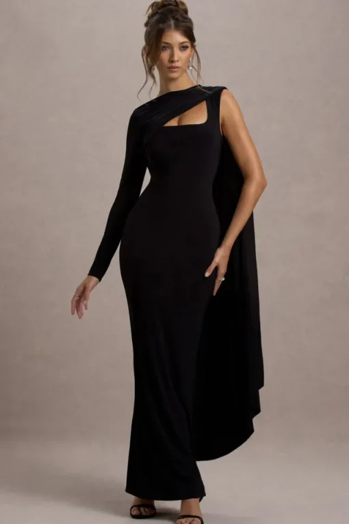 Ashini | Black One-Sleeve Maxi Dress With Cape