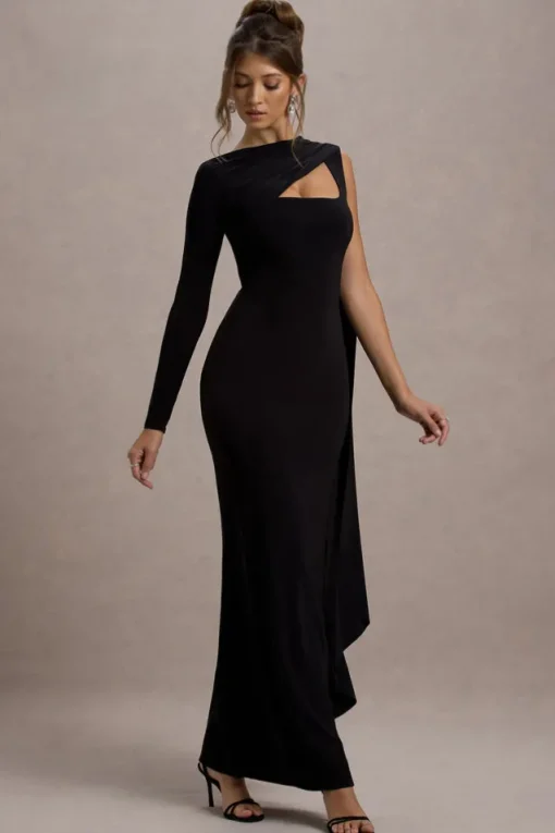 Ashini | Black One-Sleeve Maxi Dress With Cape