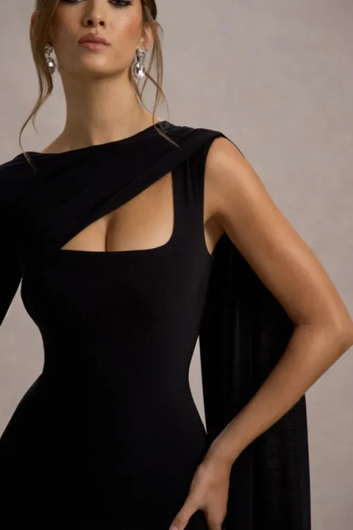 Ashini | Black One-Sleeve Maxi Dress With Cape