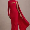 Ashini | Red One-Sleeve Maxi Dress With Cape