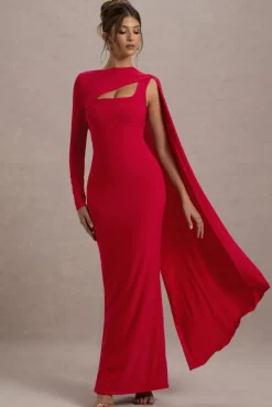 Ashini | Red One-Sleeve Maxi Dress With Cape