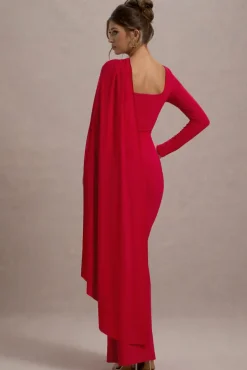 Ashini | Red One-Sleeve Maxi Dress With Cape