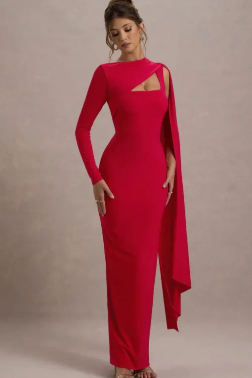 Ashini | Red One-Sleeve Maxi Dress With Cape