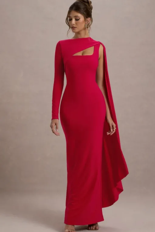 Ashini | Red One-Sleeve Maxi Dress With Cape