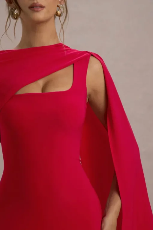 Ashini | Red One-Sleeve Maxi Dress With Cape