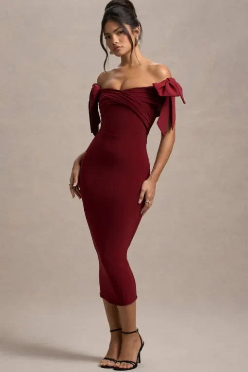 Ashleigh | Port Bardot Midi Dress With Bows
