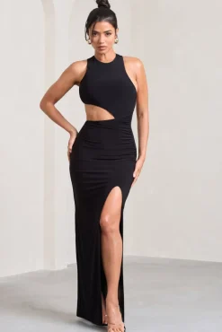 Ashley | Black Asymmetric Sleeveless Cut-Out Split Maxi Dress