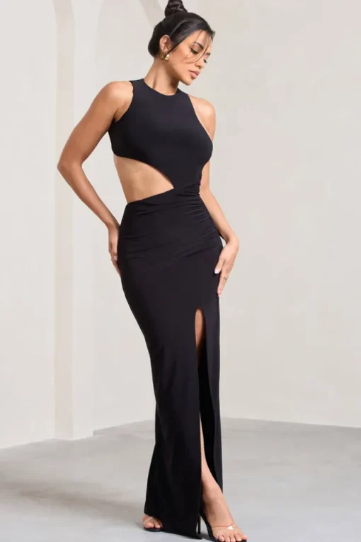 Ashley | Black Asymmetric Sleeveless Cut-Out Split Maxi Dress
