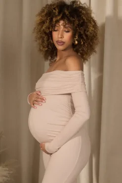 Ashmara | Champagne Bardot Skinny-Leg Maternity Jumpsuit