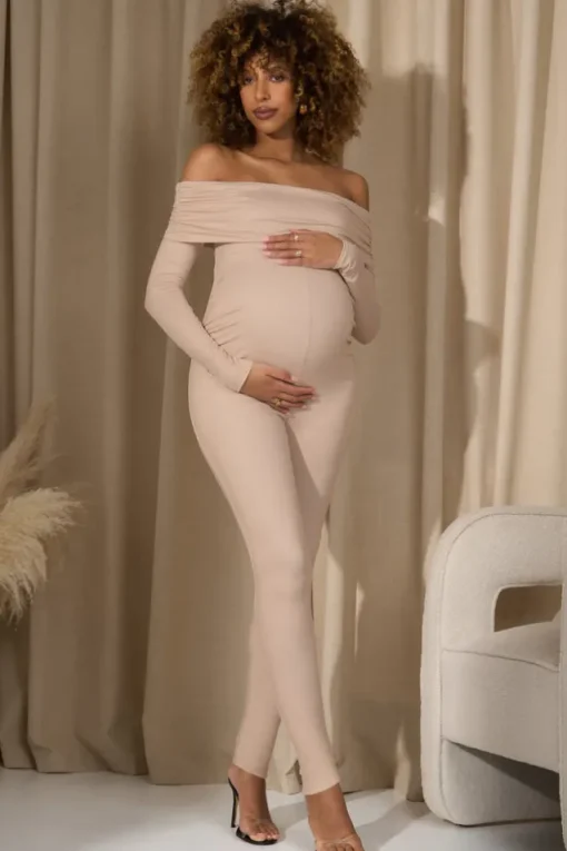 Ashmara | Champagne Bardot Skinny-Leg Maternity Jumpsuit