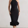 Ashton | Black High-Neck Midi Dress With Ruffle Hem