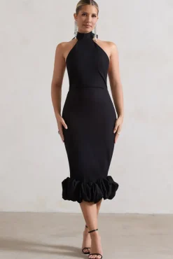 Ashton | Black High-Neck Midi Dress With Ruffle Hem