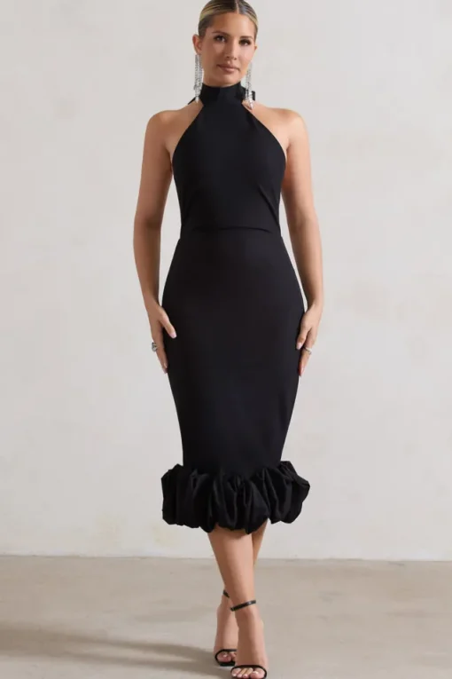 Ashton | Black High-Neck Midi Dress With Ruffle Hem